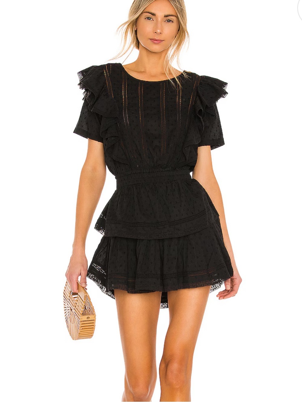 LoveShackFancy Black Eyelet Ruffle Mini Dress